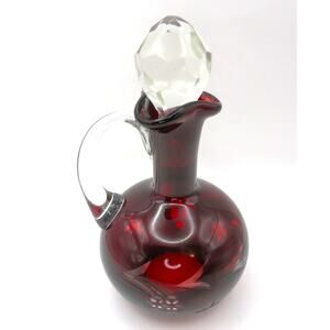 Vintage Ruby Red Cut to Clear Art Glass Cruet Decanter with Crystal Stopper 6.5"